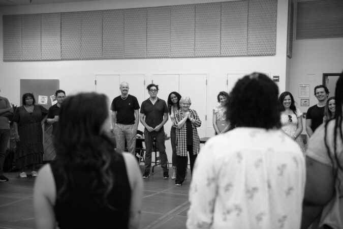Merrily We Roll Along_Broadway_Rehearsal Photos_2023_Tim Jackson, Reg Rogers, Krystal Joy Brown, Director Maria Friedman, Lindsay ?Mendez, Jonathan Groff, and Katie Rose Clarke_HR